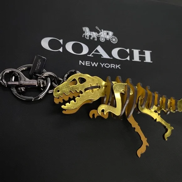 Coach Gold Metallic Rexy Dinosaur Puzzle Fob Small Bag Charm Keychain NWOT Leath - Picture 3 of 11